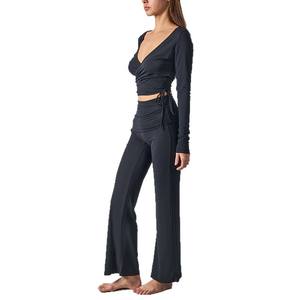 Haut de yoga à manches longues en modal à haute densité de fils, taille haute, bretelles, pantalon de yoga ample, doux pour la peau, croisé, pour femmes adultes - Product Image 6