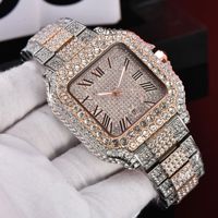Reloj Cuadrado Iced Diamond para Hombre, Estilo Hip Hop de Lujo, Completamente Adornado con Circonitas Cúbicas, Cristal de Cuarzo Resistente al Agua, Esfera Plateada con Números Romanos