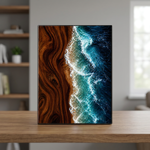 Art mural en bois grainé Océan, peinture abstraite de plage, impression décorative encadrée pour salon et bureau - Product Image 2