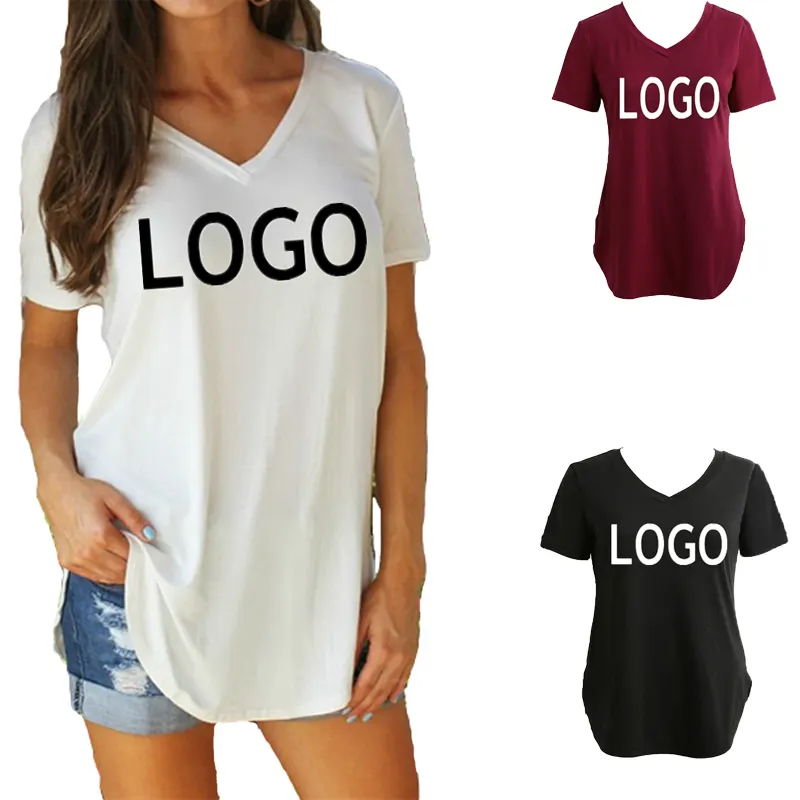 Custom logo blank polyester cotton blend V neck women casual long t shirt