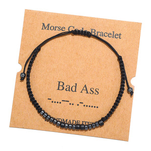 Pulsera tejida a mano para parejas, brazalete con cuentas de Piedra de hierro negra, pulsera creativa de código Morse para mujer - Product Image 2