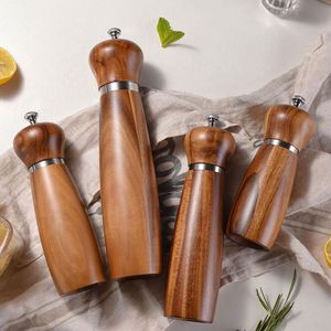 8 Inches Each Acacia Wood Salt <b>Pepper</b> <b>Grinder</b> Set with Wood Stand Hand Operated Adjustable Coarseness Modern Simple Design - Product Image 2