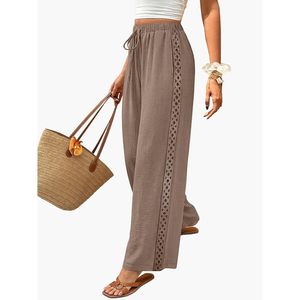 Wide Leg Pants For Women <b>Linen</b> Cotton Elastic Waist High Waisted Palazzo <b>Trousers</b> With Lace Detail Summer Beach Outfits - Product Image 2