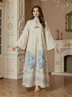 Robe longue musulmane de luxe multicolore brodée de fleurs, col en V, manches longues avec fermoir décoratif, tenue modeste, Dubaï 2026