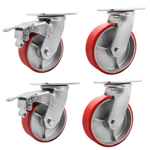 <span class=keywords><strong>8</strong></span> Zoll Schwerlast-Lenkrollen aus Gusseisen mit rotem <span class=keywords><strong>PU</strong></span>-Beschichtung, 4er-Set, 2 mit Bremse + 2 Schwenkrollen für Plattformwagen und Schwerlastgeräte - Product Image 1