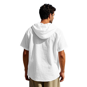 Custom <b>Men</b> <b>Short</b> <b>Sleeve</b> Knitted Hooded Shirt Embroidery Logo 145GSM 100% Cotton Resort Streetwear Top - Product Image 2