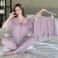 Haute qualité été coton pyjamas dentelle garniture vêtements de nuit doux princesse Style 3 pièces vêtements de nuit pour dames