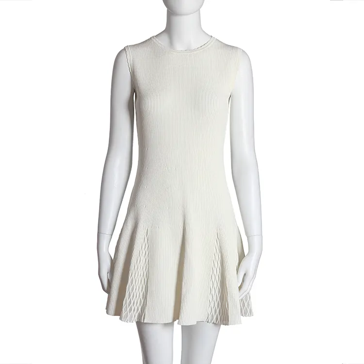 Women's hollow dress sleeveless round collar elegant knitted vest trim white dress