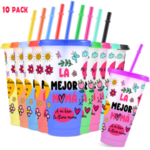 Copos de Plástico Fosco Personalizados para o Dia das Mães, Reutilizáveis, Sem BPA, que Mudam de Cor, com Tampas e Canudos - Product Image 1