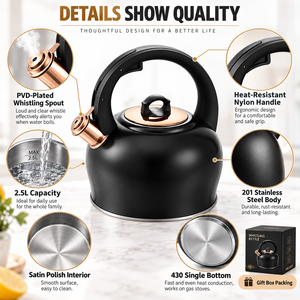 Bouilloire sifflante en acier inoxydable 2,5 L pour cuisinière, avec poignée en nylon résistante à la chaleur, noire et or rose, pour la cuisine - Product Image 6