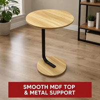 Table d'appoint ronde en MDF et métal avec pieds en forme de C, plateau en bois grainé minimaliste pour salon et chambre à coucher