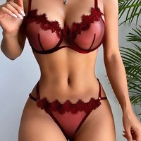 Ensemble de soutien-gorge en dentelle légère et transparente avec anneau en acier pour l'été - Lingerie sexy pour vêtements de nuit féminins