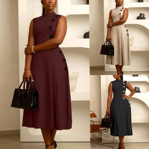 S10993 Vestidos <span class=keywords><strong>de</strong></span> Verano <span class=keywords><strong>de</strong></span> Moda para <span class=keywords><strong>Mujer</strong></span>, Casuales, Elegantes, <span class=keywords><strong>de</strong></span> Cintura Alta, Cuello Alto, Sin Mangas, Vestido <span class=keywords><strong>de</strong></span> Oficina para <span class=keywords><strong>Mujer</strong></span> con Botones - Product Image 3
