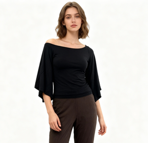 เสื้อยืดแฟชั่นผู้หญิง แขนกระดิ่ง คอโอ ผ้าถักเรยอน/สแปนเด็กซ์ ทรงเข้ารูป แขนสองชั้น ยืดหยุ่น นุ่ม สวมใส่สบาย คุณภาพสูง ดีไซน์เก๋ไก๋ สำหรับฤดูร้อน - Product Image 5