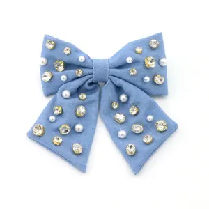 Vintage Bow Denim Fabric With Colored Crystals Pearl French Spring Hair Accessories For Girls