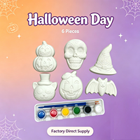 Perlengkapan Lukis DIY Halloween untuk Anak-Anak, 6 Bentuk Figurine Plester Tanpa Warna dengan Kuas Lukis, Pasokan Pabrik
