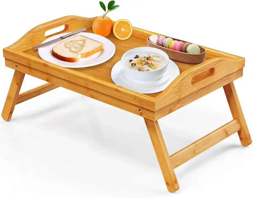 Mesa de bambú con patas plegables, bandeja de desayuno para sofá, cama, comer, trabajar sobre la cama, mesa de bandeja