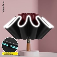 Parapluie réversible automatique à trois plis avec poignée en bois massif, 10 baleines, double armature, pour homme, pliable, noir, avec protection solaire en caoutchouc
