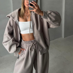 Ensemble de survêtement décontracté pour femme de haute qualité, avec logo personnalisé, couleur unie, 2 pièces, sweat à capuche zippé et épaules tombantes - Product Image 2