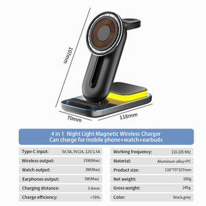 ที่ชาร์จไร้สายแบบเร็ว 4 in 1 15W พร้อมไฟกลางคืน ขายดี ชาร์จได้สำหรับโทรศัพท์มือถือ นาฬิกา และหูฟัง - Product Image 5