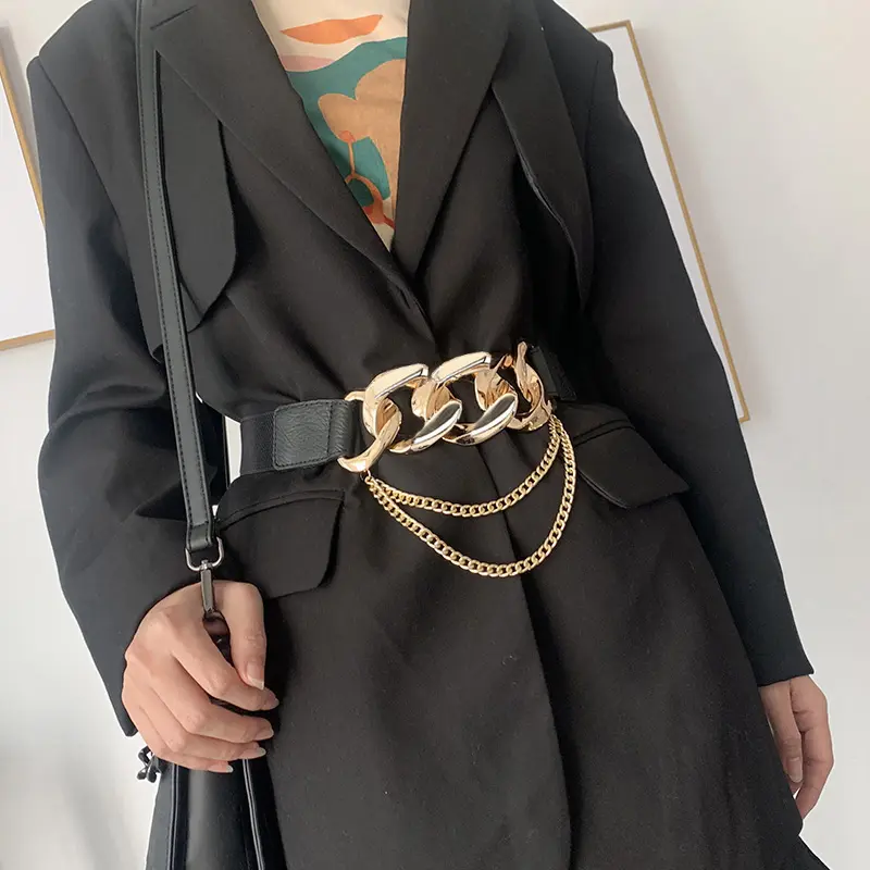 Fashion Elastic Belts For Women Designer Luxury Brand PU Thick Chain Waist Strap Dress Coat Sweater Lady Decorative Waistband