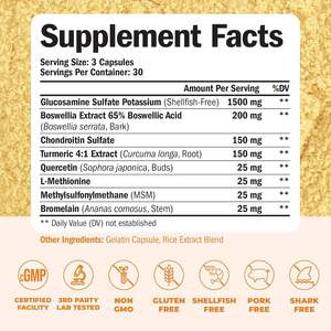 Compléments OEM Soins de santé 60 capsules Glucosamine Chondroïtine Curcuma MSM <span class=keywords><strong>Boswellia</strong></span> Soutien immunitaire pour adultes - Product Image 4