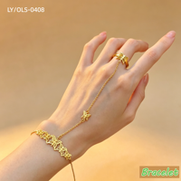 Bijoux pour femmes tendance vintage de luxe léger, plaqué or 18 carats, bracelet en acier inoxydable, bague, chaîne de doigt réglable