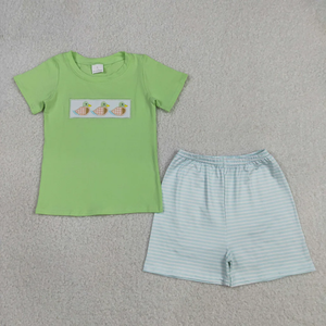Conjunto de 2 piezas de ropa informal para niños pequeños, camiseta de manga corta con bordado de pato verde y pantalones cortos a rayas - Product Image 2