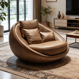 Fauteuil œuf rond en <span class=keywords><strong>cuir</strong></span> de style nordique, confortable, fauteuil <span class=keywords><strong>club</strong></span> individuel, chambre à coucher, balcon, canapé paresseux - Product Image 3