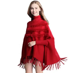 Latest Turtleneck Crochet Long Sleeves Winter Tassel Cape Pullover Winter Viscose Cotton Shawl Women Warm Sweater Poncho