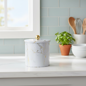 Marble White 2.1L Food Storage <b>Container</b> Ø140x150mm Metal round Canister with 150mm Knob Handle - Product Image 3