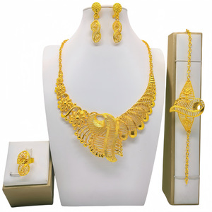 Women's 22k Gold Plated Jewelry Set Necklace Earrings Ring <b>Bracelet</b> Wedding Luxury <b>Flower</b> Design - Product Image 2