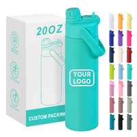 Bouteille d'eau isotherme en acier inoxydable 304 de qualité alimentaire de 20 oz avec couvercle à paille rabattable et poignée de transport, personnalisable avec logo, pour le sport (vente en gros)