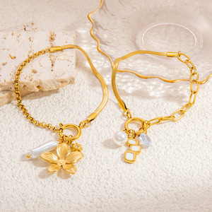 Pulsera de perlas europeas y americanas para mujer, joyería minimalista floral dorada, acero de titanio, uso diario, dije de perla blanca - Product Image 2