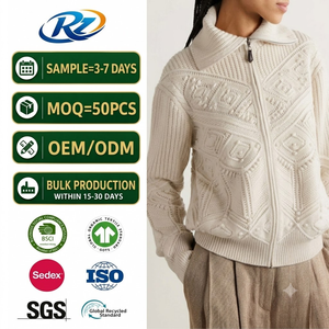 Cardigan en <span class=keywords><strong>tricot</strong></span> torsadé à fermeture éclair intégrale pour <span class=keywords><strong>femme</strong></span>, mélange de <span class=keywords><strong>laine</strong></span>, <span class=keywords><strong>veste</strong></span> pull texturée, <span class=keywords><strong>tricot</strong></span> de luxe personnalisé OEM ODM - Product Image 1