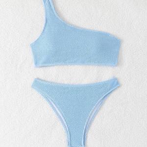 2025 playa sólido dos piezas un hombro Bikini para mujer Sexy cintura alta <span class=keywords><strong>Tanga</strong></span> Pantai y trajes de baño logotipo personalizado proveedor - Product Image 3