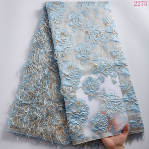 Tissu de dentelle brodée africaine <span class=keywords><strong>2021</strong></span>, tulle français doré, dentelle à plumes, broderie nigériane, tissu jacquard bronzé pour fête 2275 - Product Image 6