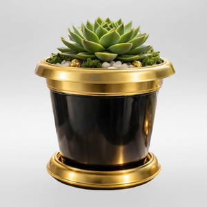 Black Gold Luxury Style Hand Painted Decorative <b>Plastic</b> Flower Pot 1.7L Eco-friendly Lightweight Desktop Garden <b>Planter</b> - Product Image 2