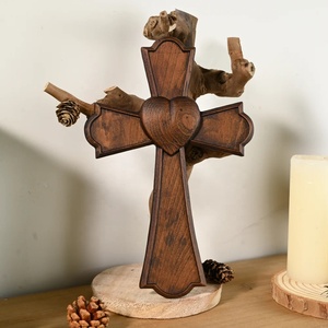 Scultura artistica in legno semplice in legno intagliato a mano in legno massello religioso decorazione per la casa-cuore eterno croce parete appesa scatola di legno a muro segno - Product Image 2