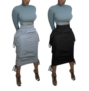 Europe And America Ladies Pocket Bandage Package Buttocks Skirt Sexy High Waist Pleated Skirts Women