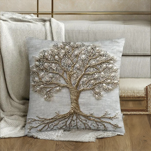 Housse de coussin moderne carrée imprimée 2D en peluche courte, personnalisable avec fermeture éclair, motif Arbre de Vie, luxe simple, pour salon - Product Image 2