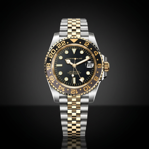 Montre de plongée GMT NH34 bicolore argent et or, bracelet Jubilee, logo S, mouvement Seiko, cadran MOD, acier inoxydable, bracelet en cuir, résistante à l'eau - Product Image 3