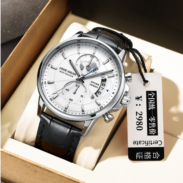Louie Juelen Luxury Waterproof Quartz Watch New Fashion Business Style Genuine Leather Strap Luminous Three-Eye Chronograph