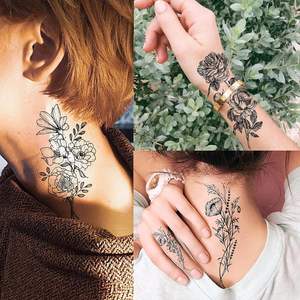 Tatouages temporaires imperméables pour femmes, <span class=keywords><strong>cou</strong></span>, bras - Noir, petite branche, <span class=keywords><strong>rose</strong></span>/tournesol, plantes sauvages, tatouages autocollants personnalisables - Product Image 4