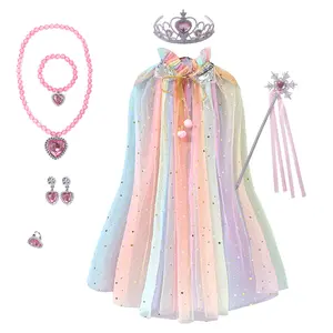 Ingrosso 7 pezzi Glitter principessa mantella da principessa per bambine mantello da principessa con corona di Tiara per vestirsi