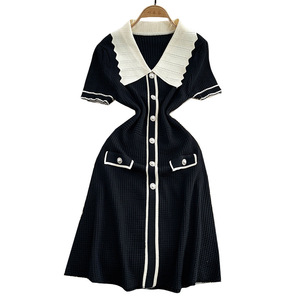 Abiti in Maglia da Donna con Colletto <span class=keywords><strong>Peter</strong></span> Pan, Maniche Corte, Monopetto, Slim-Fit e Blocchi di Colore - Product Image 5