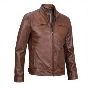 Veste en cuir marron pour homme, col mandarin, fermeture éclair, chauffante, coupe-vent, style moto, manteau d'hiver décontracté - Product Image 3
