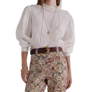 Blusa Blanca de Estilo Francés, Tejida, con Cuello Alto, Bordada, Elegante, Corte Regular, Primavera, ODM, Versátil, para Mujer - Product Image 1