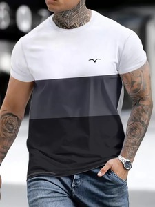 Camisetas para hombre con estampado de pájaros y bloques de color, personalizables por nuestra fábrica de ropa.F10 - Product Image 2