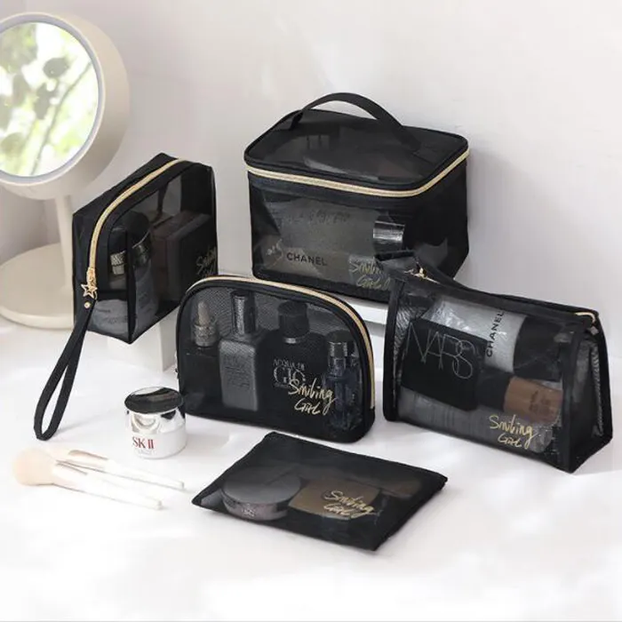 Siyah örgü fermuarlı seyahat tuvalet çanta taşınabilir için örgü makyaj kozmetik çantaları seyahat aksesuarları organizatör